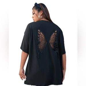 Women’s Black Butterfly Embroidered Cutout Drop Shoulder Tee